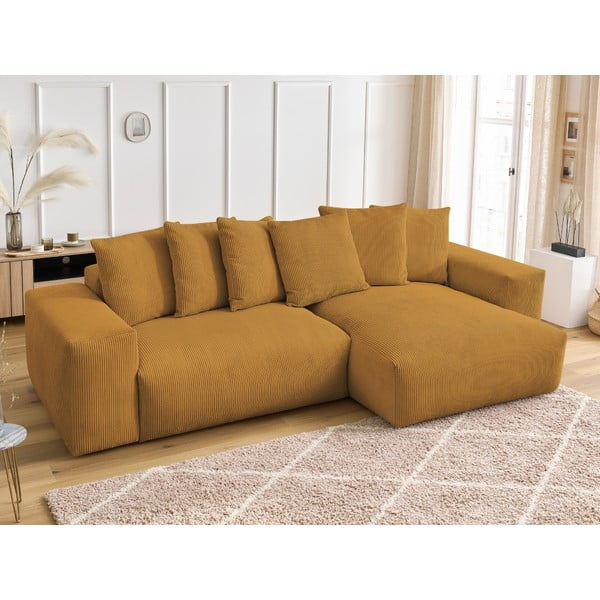 Colțar galben muștar extensibil/cu spațiu de depozitare cu tapițerie din catifea reiată Voltaire – Bobochic Paris-image-4