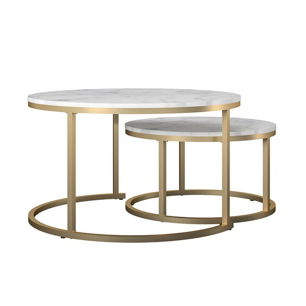 Măsuțe de cafea albe-aurii 2 buc. rotunde cu aspect de marmură ø 79 cm Amelia – CosmoLiving by Cosmopolitan
