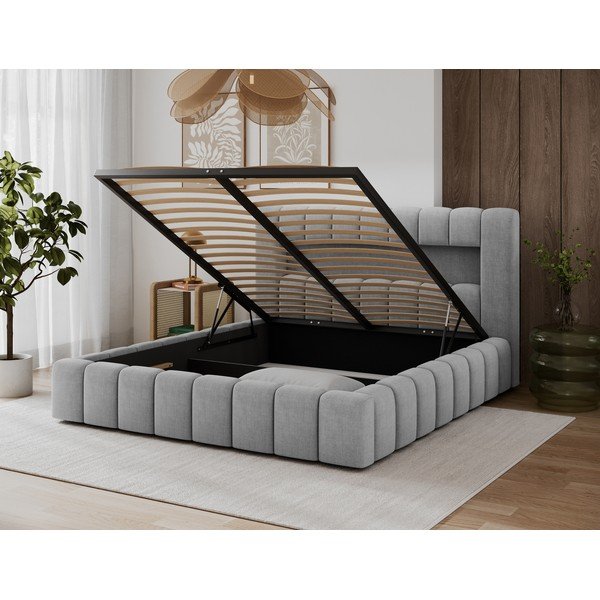 Pat matrimonial gri deschis tapițat cu spațiu de depozitare cu somieră 160x200 cm Lamica – ELTAP-image-4