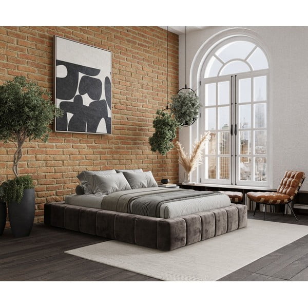 Pat matrimonial maro tapițat cu spațiu de depozitare cu somieră 200x200 cm Aruba L – Maison de Rêve-image-1