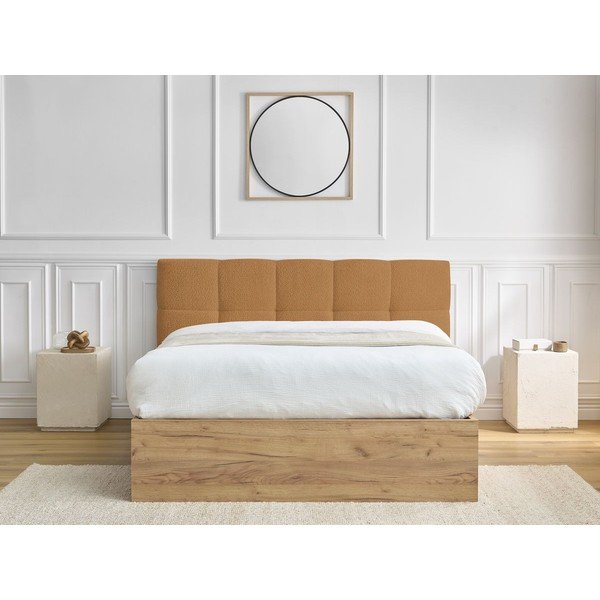 Pat matrimonial galben ocru tapițat/din  placă aglomerată de lemn tapițat cu spațiu de depozitare cu somieră 180x200 cm Kumo – Bobochic Paris-image-3