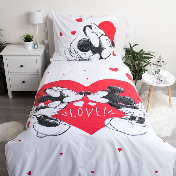 Lenjerie de pat pentru copii roșie-albă din bumbac pentru pat de o persoană 140x200 cm Mickey and Minnie "Love" – Jerry Fabrics-image-1