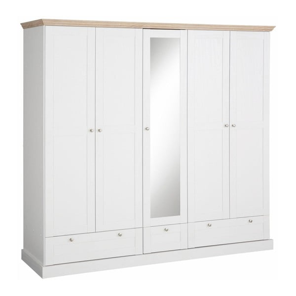 Șifonier cu 5 uși și oglindă cu model de stejar Støraa Bruce, alb-image-2