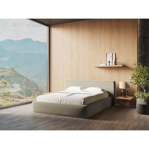 Pat matrimonial bej tapițat cu spațiu de depozitare cu somieră 180x200 cm Kiana – Makamii-image-1