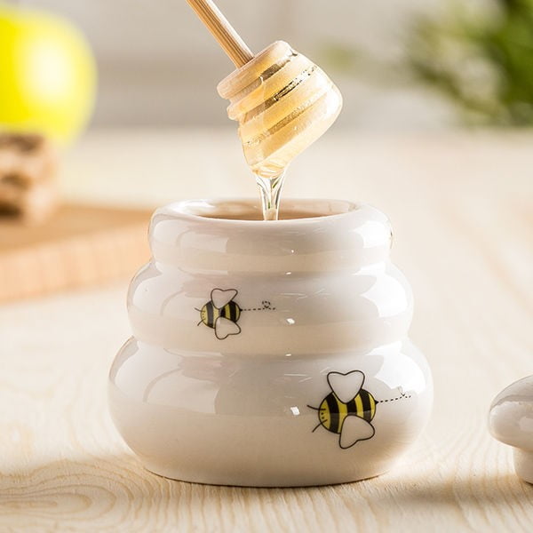 Recipient din ceramică cu capac și accesoriu, pentru miere Just Mustard Honey