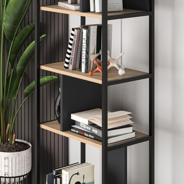 Bibliotecă neagră/în culoare naturală cu aspect de lemn de stejar 58x175 cm Alabama – Marckeric-image-4