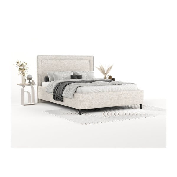 Pat matrimonial crem tapițat cu spațiu de depozitare cu somieră 180x200 cm Baleine – Maison de Rêve-image-1