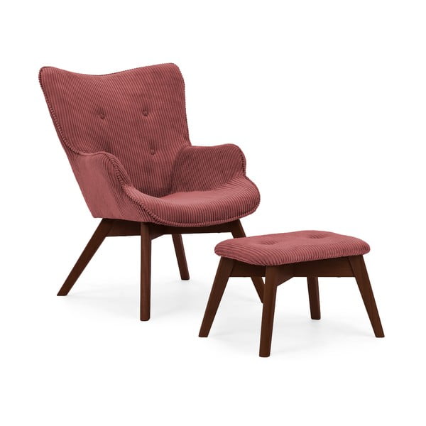Fotoliu cu taburet roșu cu tapițerie din catifea reiată Niko – Ropez