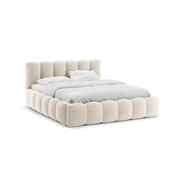 Pat matrimonial bej tapițat cu spațiu de depozitare cu somieră 140x200 cm Lupine – Micadoni 