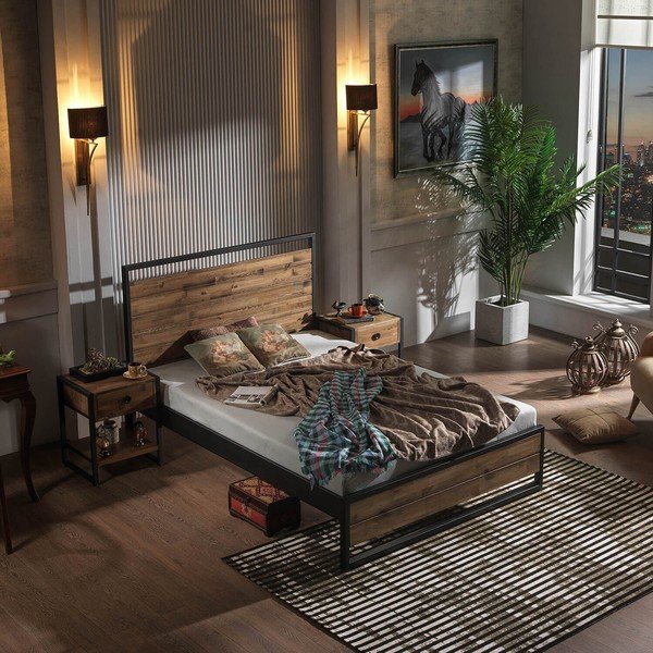 Pat matrimonial negru-natural cu somieră 140x200 cm Ariane – Kalune Design-image-3