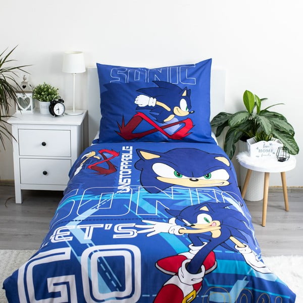 Lenjerie de pat pentru copii albastră din bumbac pentru pat de o persoană 140x200 cm Sonic "Let´s go" – Jerry Fabrics-image-1