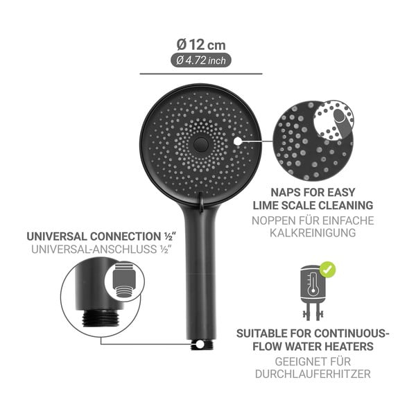 Cap de duș negru mat din plastic ø 12 cm Softwater – Wenko-image-3