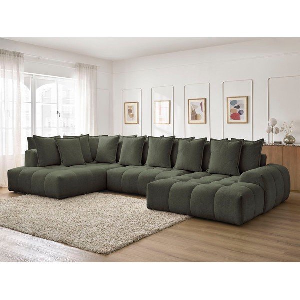 Colțar verde extensibil/cu spațiu de depozitare cu tapițerie din chenille (cu colț pe partea stângă/în formă de "U") Everest – Bobochic Paris-image-1