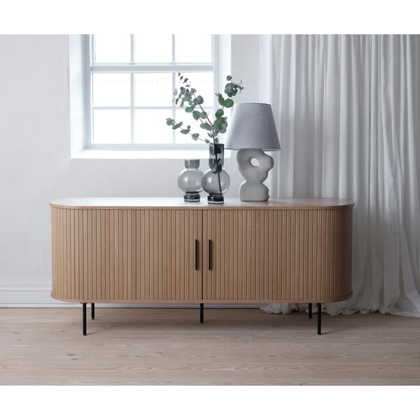 Comodă joasă cu aspect de lemn de stejar cu ușă glisantă 76x180 cm Nola – Unique Furniture-image-1