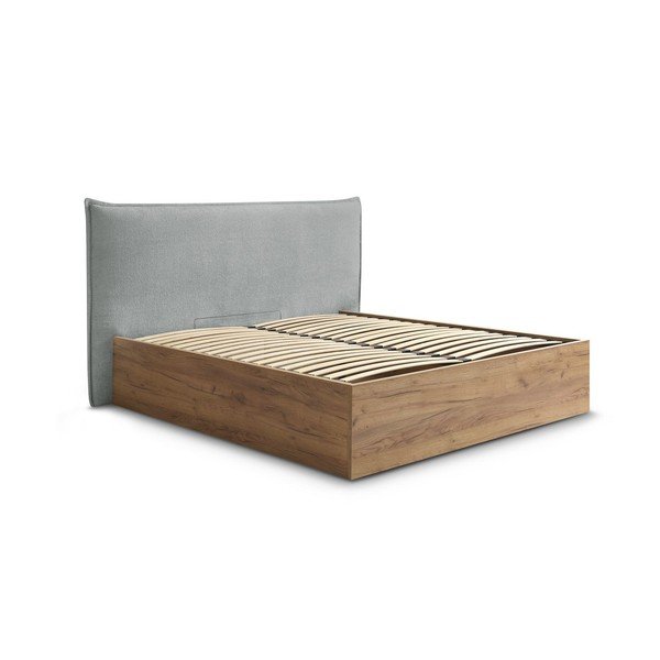 Pat matrimonial gri deschis tapițat/din  placă aglomerată de lemn tapițat cu spațiu de depozitare cu somieră 160x200 cm Charlie – Bobochic Paris
