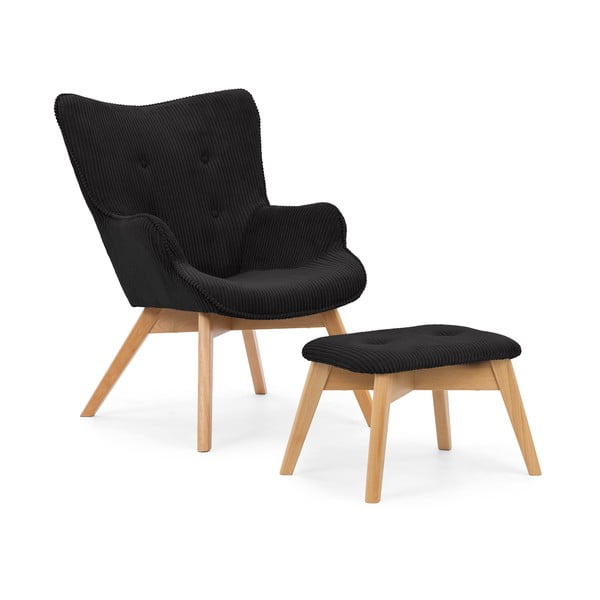 Fotoliu cu taburet negru cu tapițerie din catifea reiată Niko – Ropez