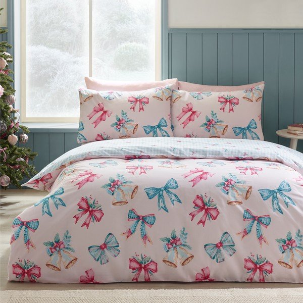Lenjerie de pat roz pentru pat dublu, extinsă 230x220 cm Bows And Bells – Catherine Lansfield-image-1