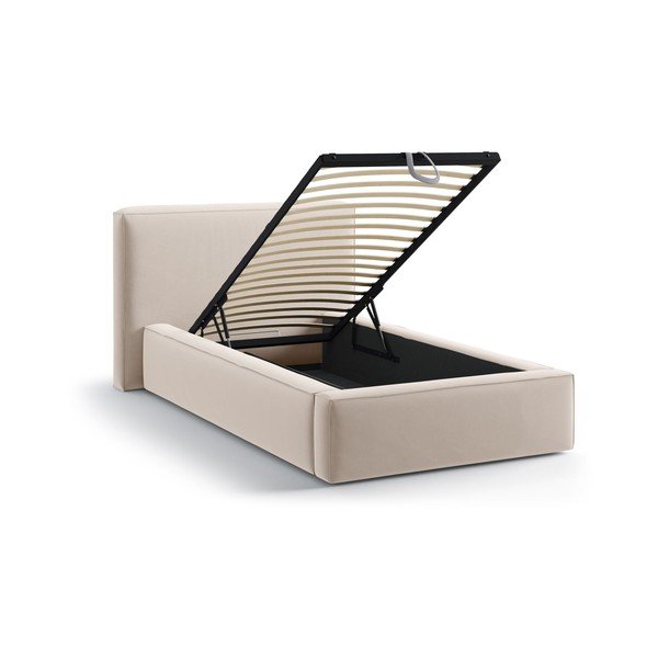 Pat bej tapițat cu spațiu de depozitare cu somieră 90x200 cm Jodie – Micadoni -image-1