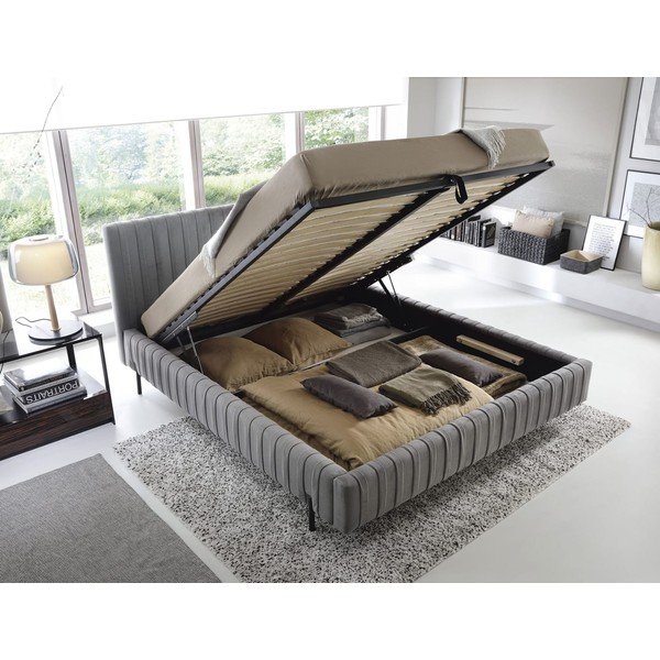 Pat matrimonial gri tapițat cu spațiu de depozitare cu somieră 160x200 cm Plissa – ELTAP-image-2