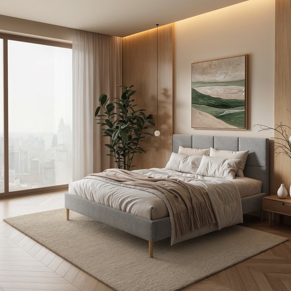 Pat matrimonial gri tapițat cu somieră 160x200 cm Alano – MESONICA-image-1
