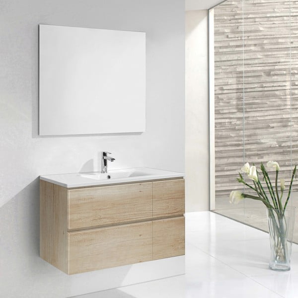 Dulăpior baie cu lavoar și oglindă Monza, decor lemn, 120 cm