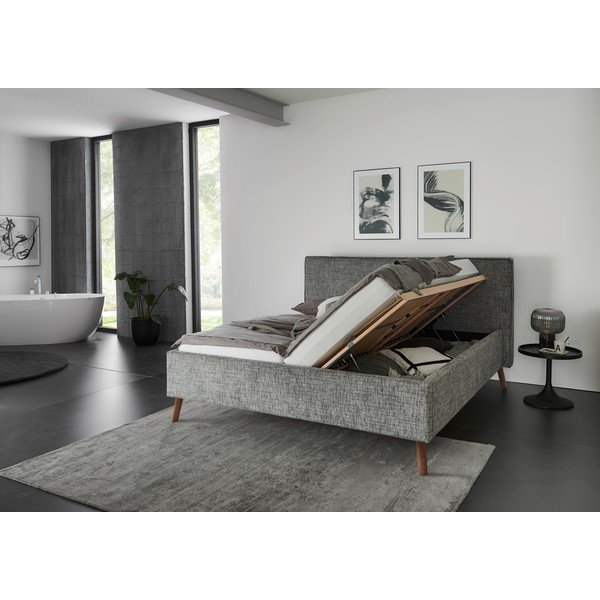 Pat matrimonial gri tapițat cu spațiu de depozitare cu somieră 180x200 cm Riva – Meise Möbel-image-3