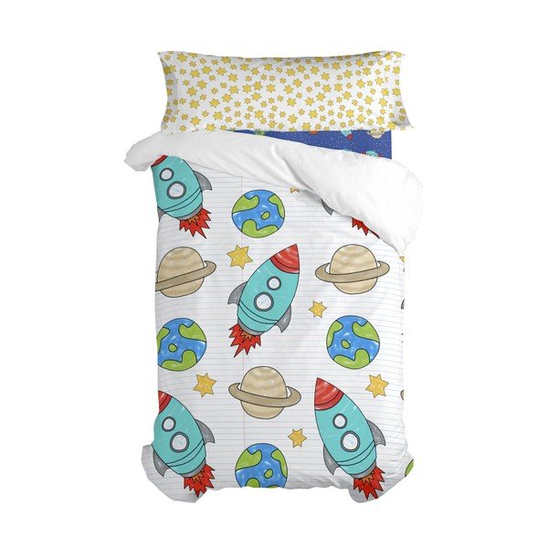 Cearceaf elastic din bumbac Mr. Fox Space Rocket, 90 x 200 cm, albastru-image-3