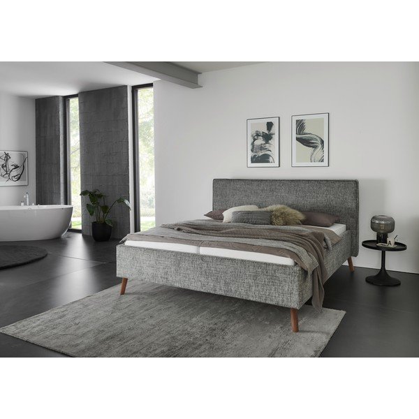 Pat matrimonial gri tapițat cu spațiu de depozitare cu somieră 180x200 cm Riva – Meise Möbel-image-1