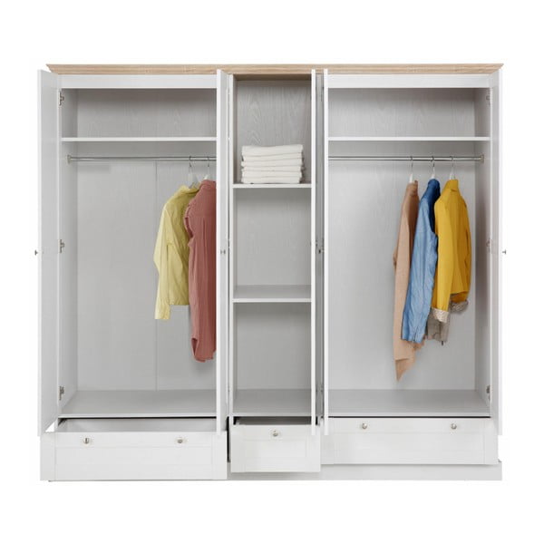 Șifonier cu 5 uși și oglindă cu model de stejar Støraa Bruce, alb-image-1