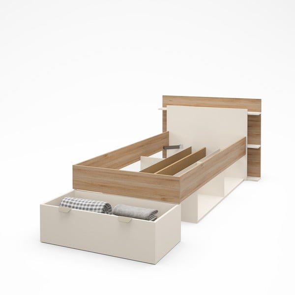 Pat alb/în culoare naturală cu aspect de lemn de stejar cu spațiu de depozitare fără somieră 90x200 cm Albo – Marckeric-image-4