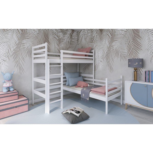 Pat din lemn de pin supraetajat alb pentru copii 80x160 cm Double - Lano Meble-image-1