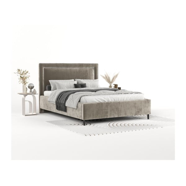 Pat matrimonial bej tapițat cu spațiu de depozitare cu somieră 160x200 cm Baleine – Maison de Rêve-image-1