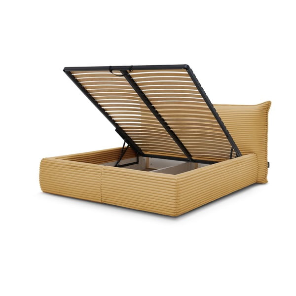 Pat matrimonial galben tapițat cu spațiu de depozitare cu somieră 160x200 cm Jade – Bobochic Paris-image-3