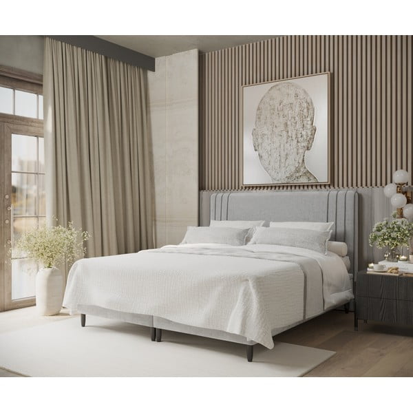 Pat matrimonial gri tapițat cu spațiu de depozitare 200x200 cm Musca – Maison de Rêve-image-1