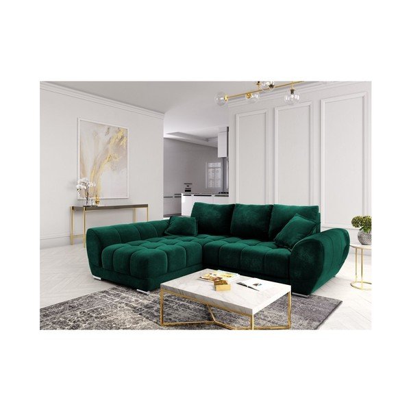 Colțar extensibil cu tapițerie de catifea și șezlong pe partea stângă Windsor & Co Sofas Nuage, verde smarald-image-1