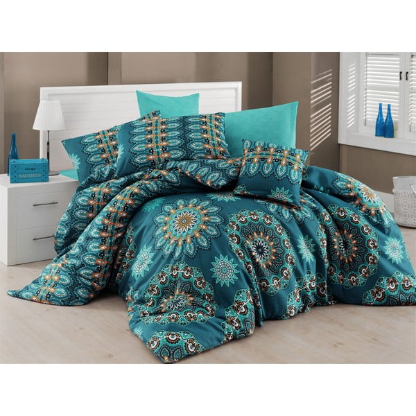 Lenjerie de pat cu cearșaf Nazenin Home Hula Turquoise, 200 x 220 cm