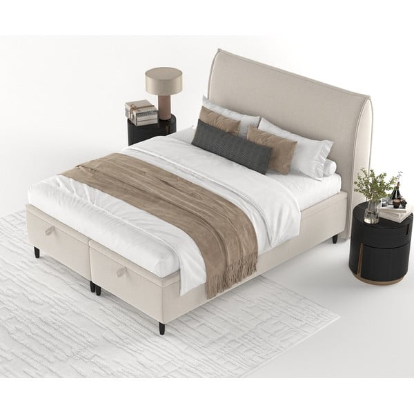 Pat matrimonial bej tapițat cu spațiu de depozitare 160x200 cm Pearl – Maison de Rêve-image-4
