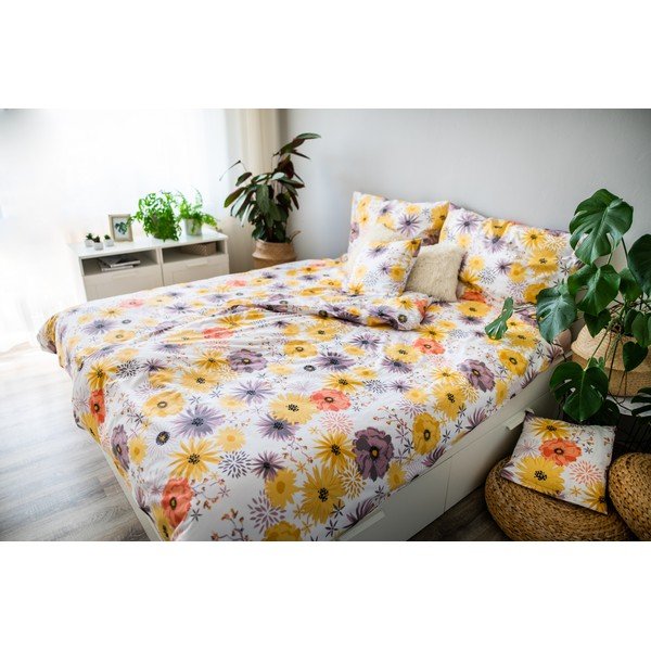 Lenjerie de pat galbenă/albă din bumbac pentru pat de o persoană 140x200 cm LP Dita Daisy – Cotton House-image-1