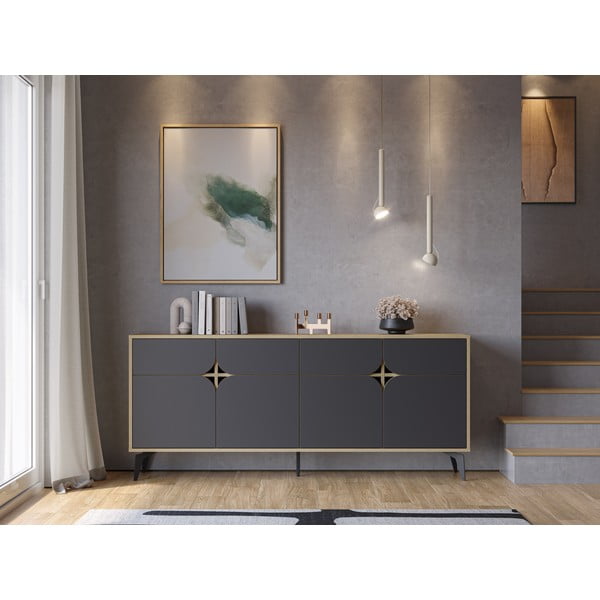 Comodă neagră/în culoare naturală joasă cu aspect de lemn de stejar 185x79 cm Nola – Marckeric-image-1