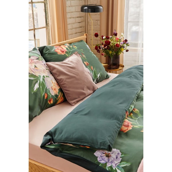 Lenjerie de pat din bumbac satinat pentru pat dublu Bonami Selection Floret, 200 x 200 cm, verde închis-image-3