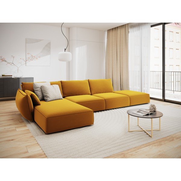 Colțar galben muștar cu tapițerie din catifea (cu colț pe partea stângă, cu șezlong) Vanda – Mazzini Sofas-image-1