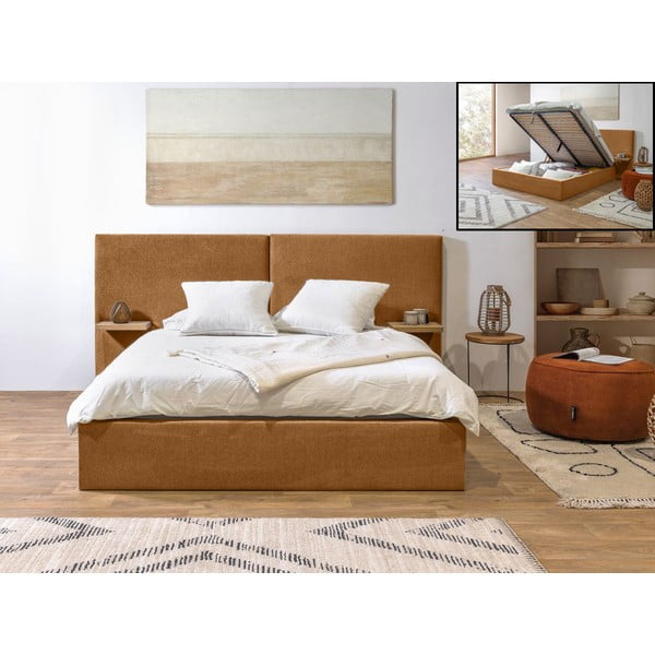 Pat matrimonial galben ocru tapițat cu spațiu de depozitare cu somieră 160x200 cm Blandine – Bobochic Paris-image-1