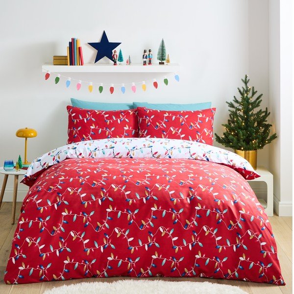 Lenjerie de pat roșie din microfibră pentru pat de o persoană 135x200 cm Christmas Lights – Catherine Lansfield