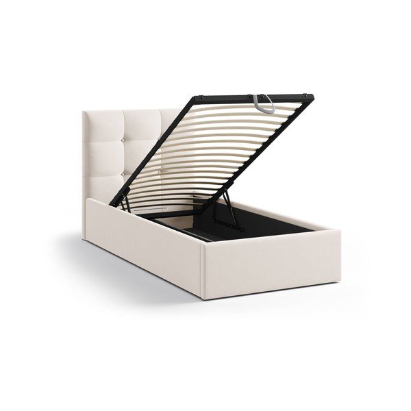 Pat crem tapițat cu spațiu de depozitare cu somieră 90x200 cm Phaedra – Micadoni -image-1
