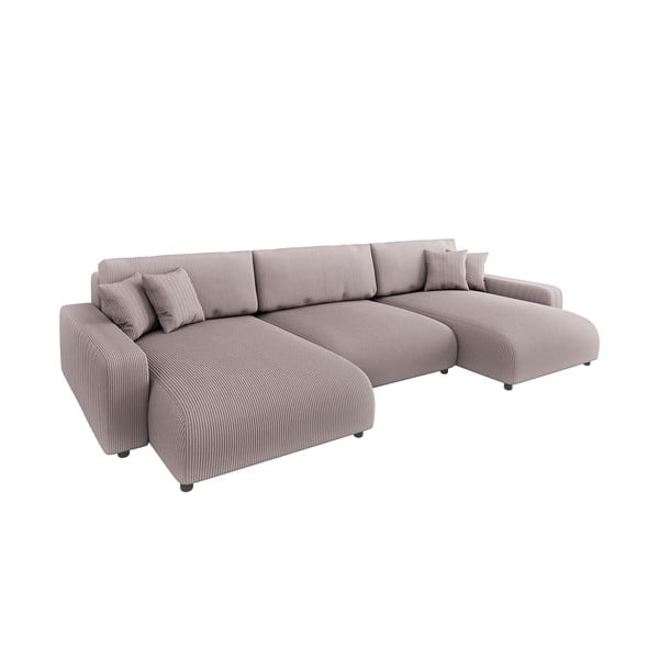 Colțar roz deschis extensibil, cu spațiu de depozitare, cu tapițerie din catifea reiată Sara – Ropez