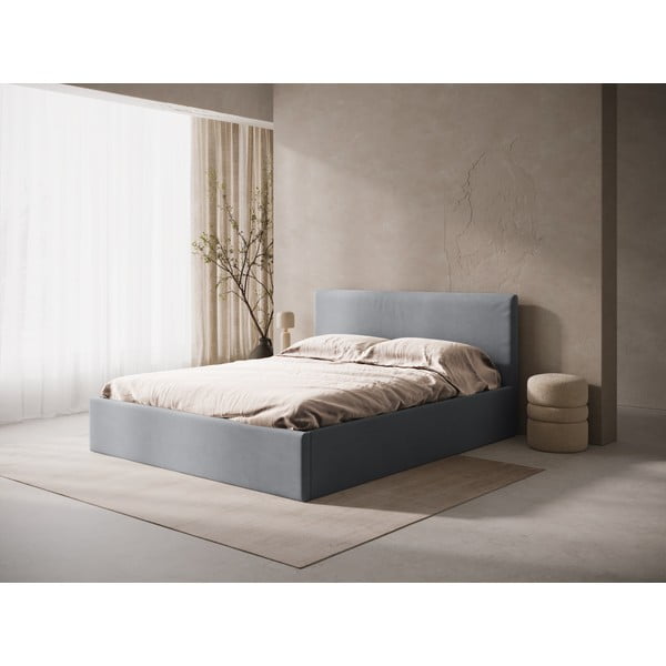 Pat matrimonial gri tapițat cu spațiu de depozitare/fără tăblie cu somieră 180x200 cm Susan – Micadoni -image-1