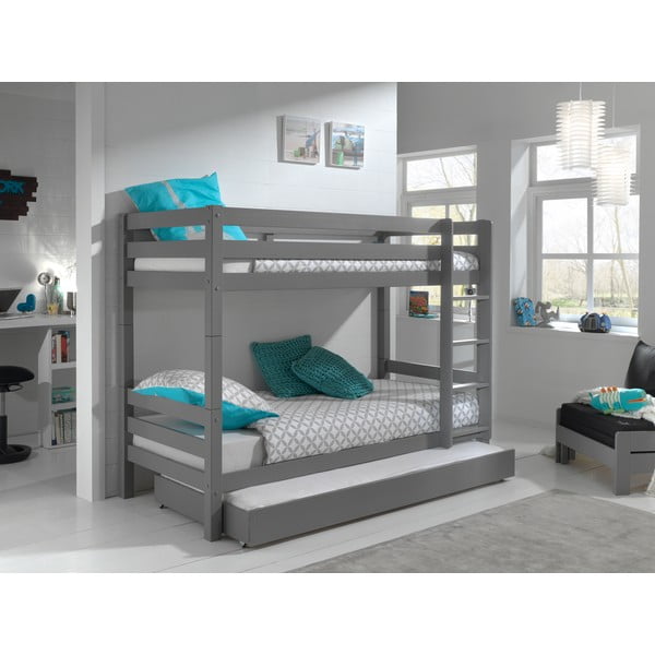 Pat pentru copii  gri supraetajat din lemn masiv de pin cu spațiu de depozitare PINO – Vipack-image-1