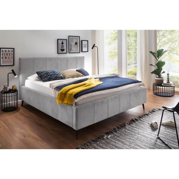 Pat matrimonial gri deschis tapițat cu spațiu de depozitare cu somieră 180x200 cm Lizzano – Meise Möbel-image-1