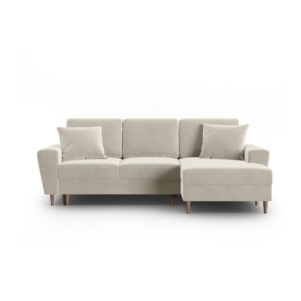 Colțar bej extensibil, cu spațiu de depozitare cu tapițerie din catifea (cu colț pe partea dreaptă, cu șezlong) Kyoto – Cosmopolitan Design