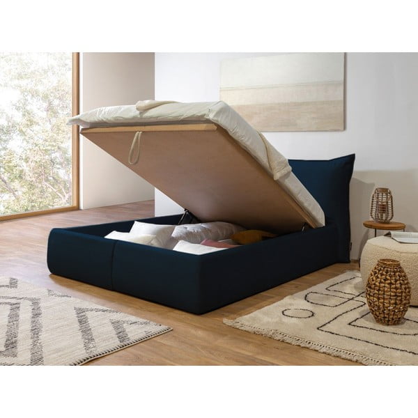 Pat matrimonial 160x200 cm albastru închis tapițat cu spațiu de depozitare cu somieră Jade – Bobochic Paris-image-4